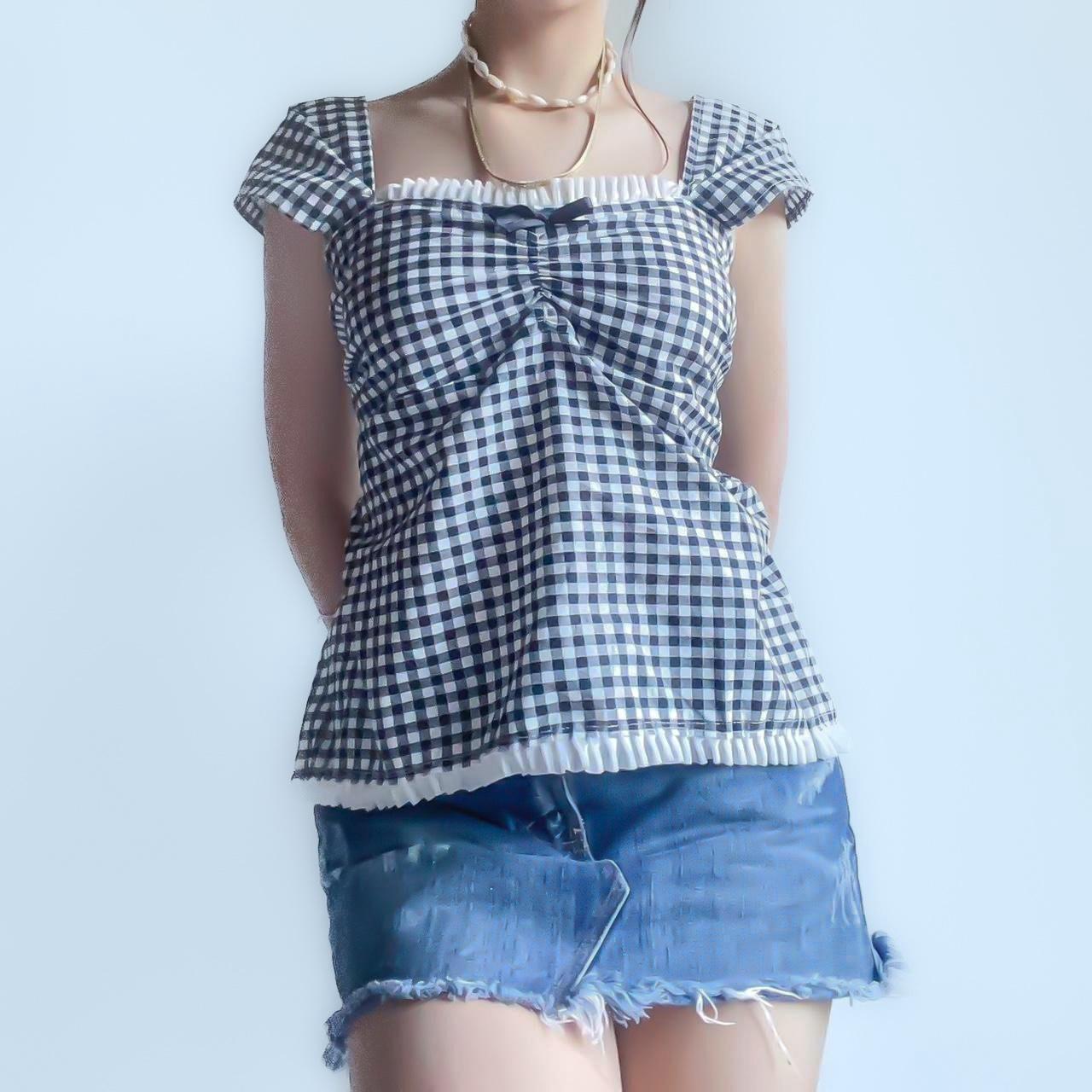 Black and cream gingham tie back top