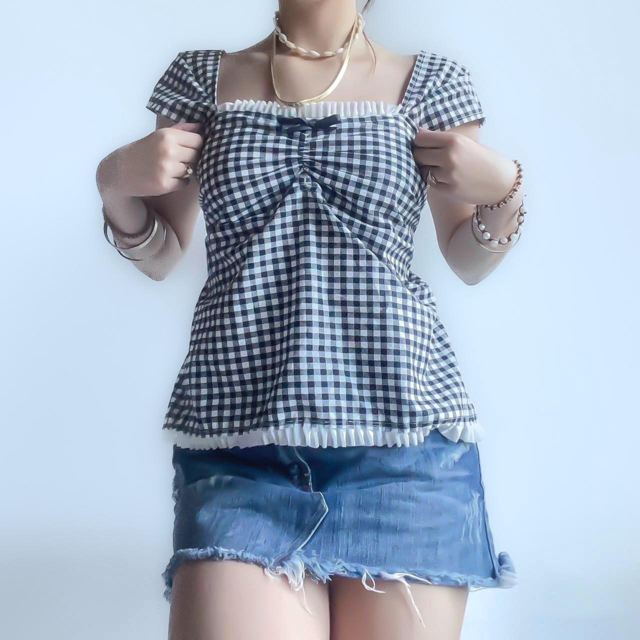 Black and cream gingham tie back top