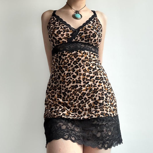 Cheetah print and black lace slip dress