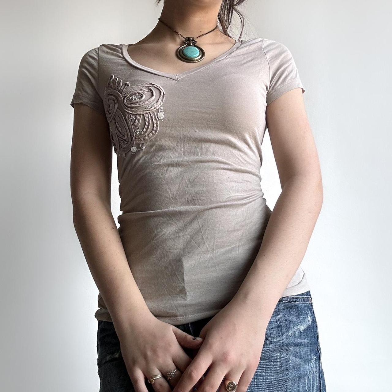 Y2K cream embellished short sleeve tight fit top