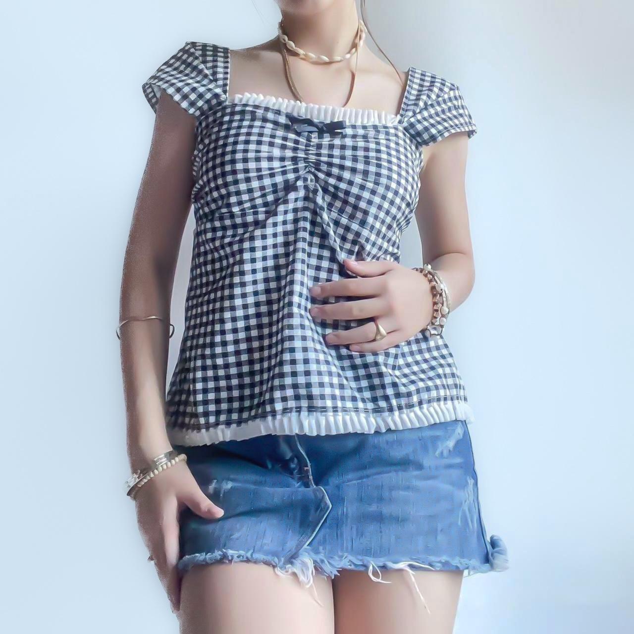 Black and cream gingham tie back top