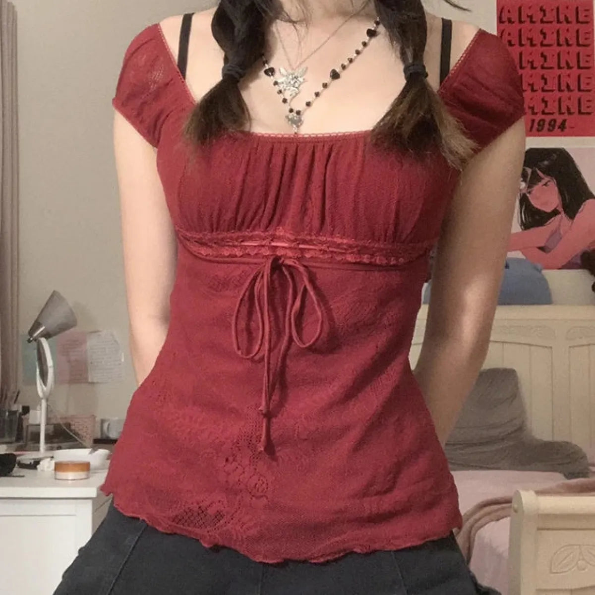 Red Square Collar Crop Top - Y2K Vintage Fairy Grunge Tee